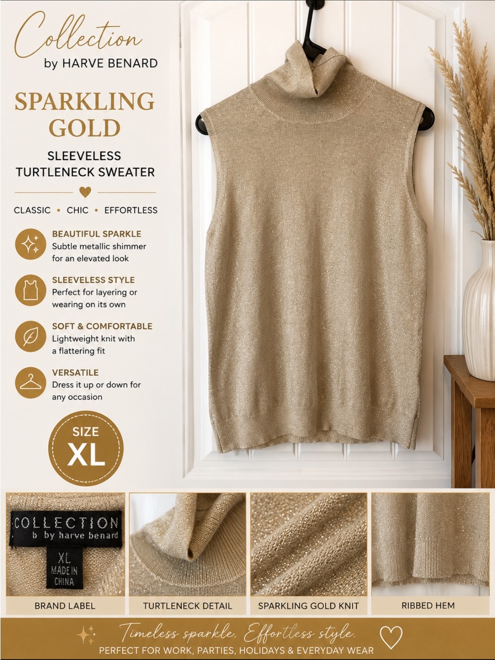 Harve Benard Sparkling Gold Sleeveless Turtleneck